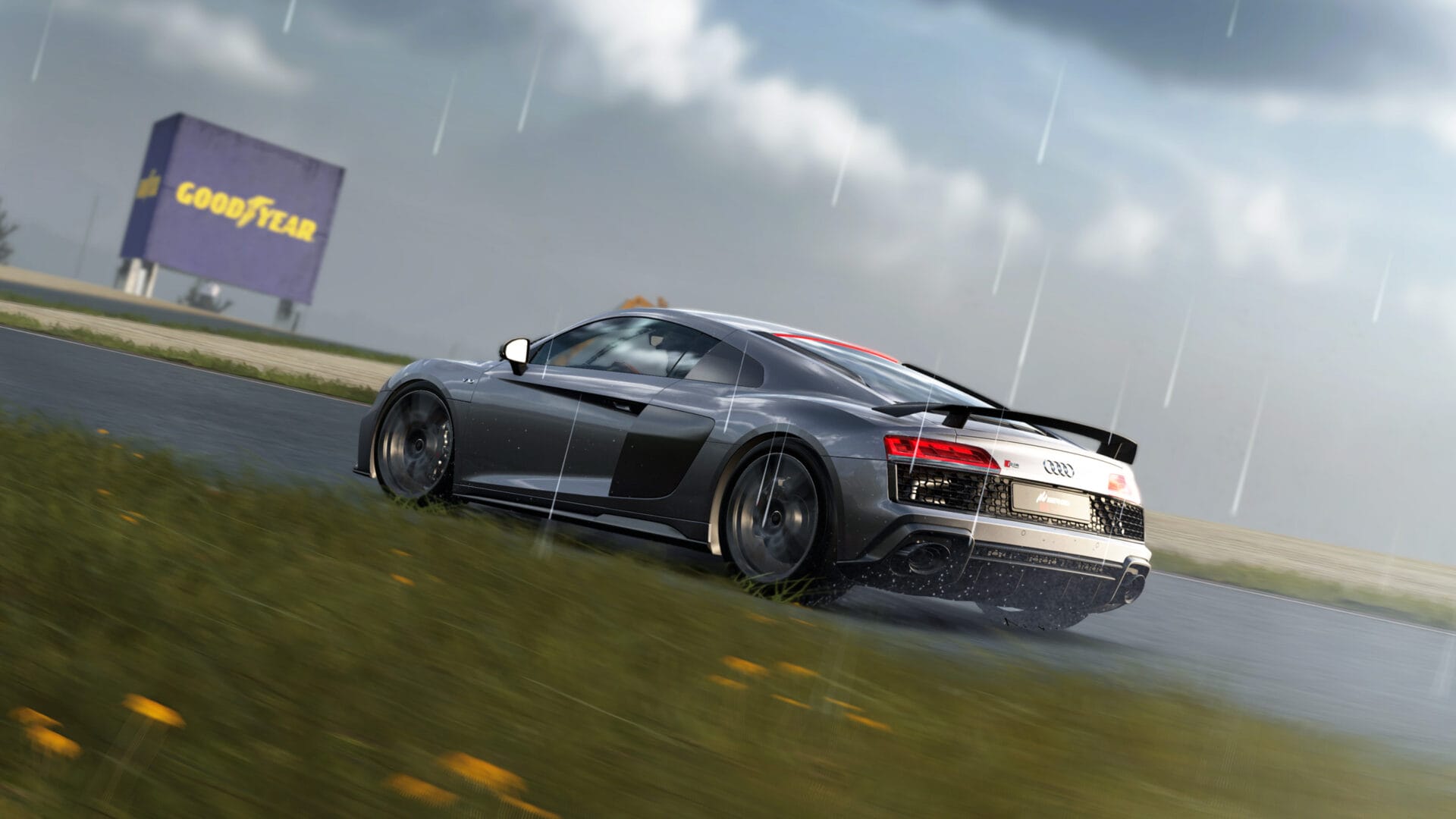 Audi R8 conduciendo bajo la lluvia en Assetto Corsa EVO Audi R8 V10 performance quattro circulando en pista mojada bajo la lluvia en Assetto Corsa EVO actualización 0.9