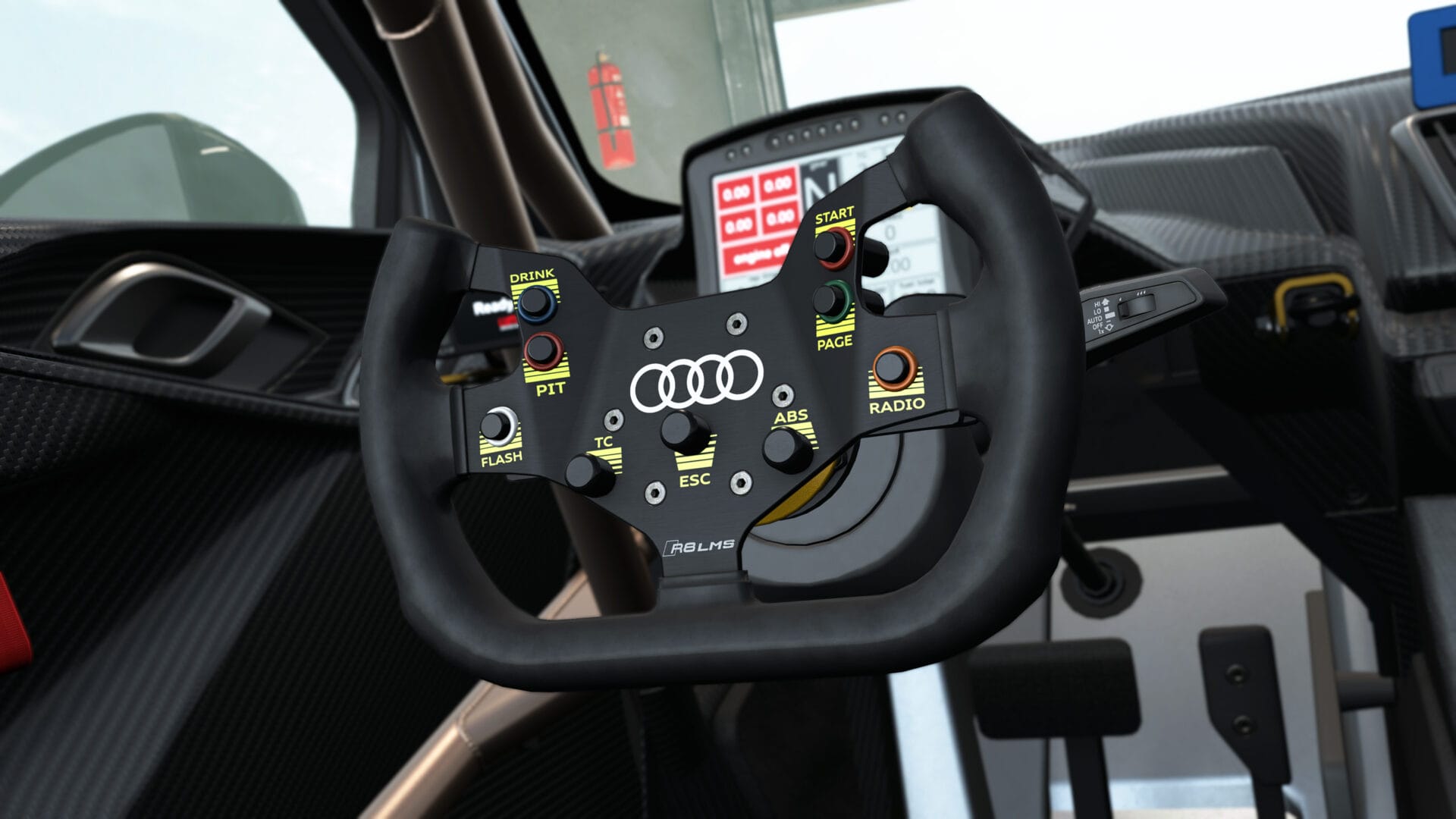 Interior y volante del Audi R8 en Assetto Corsa EVO Volante de competición del Audi R8 LMS en Assetto Corsa EVO actualización 0.9