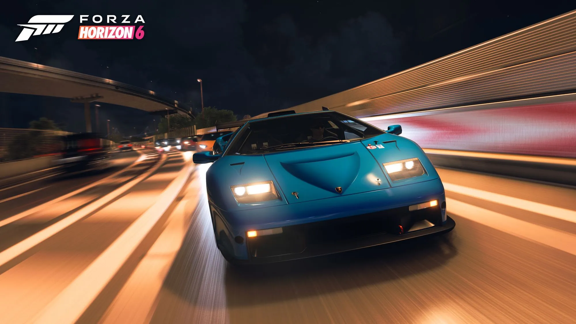 Superdeportivo azul circulando a alta velocidad por la autopista nocturna en Forza Horizon 6