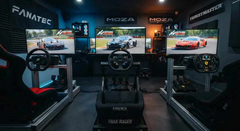 Estudio de simracing profesional con tres cockpits alineados. De izquierda a derecha: un cockpit Fanatec, uno Moza Racing con asiento Trak Racer, y uno Thrustmaster. Cada uno tiene volantes de la marca y pantallas corriendo Assetto Corsa Competizione, con los logotipos de FANATEC, MOZA y THRUSTMASTER visibles en la pared.