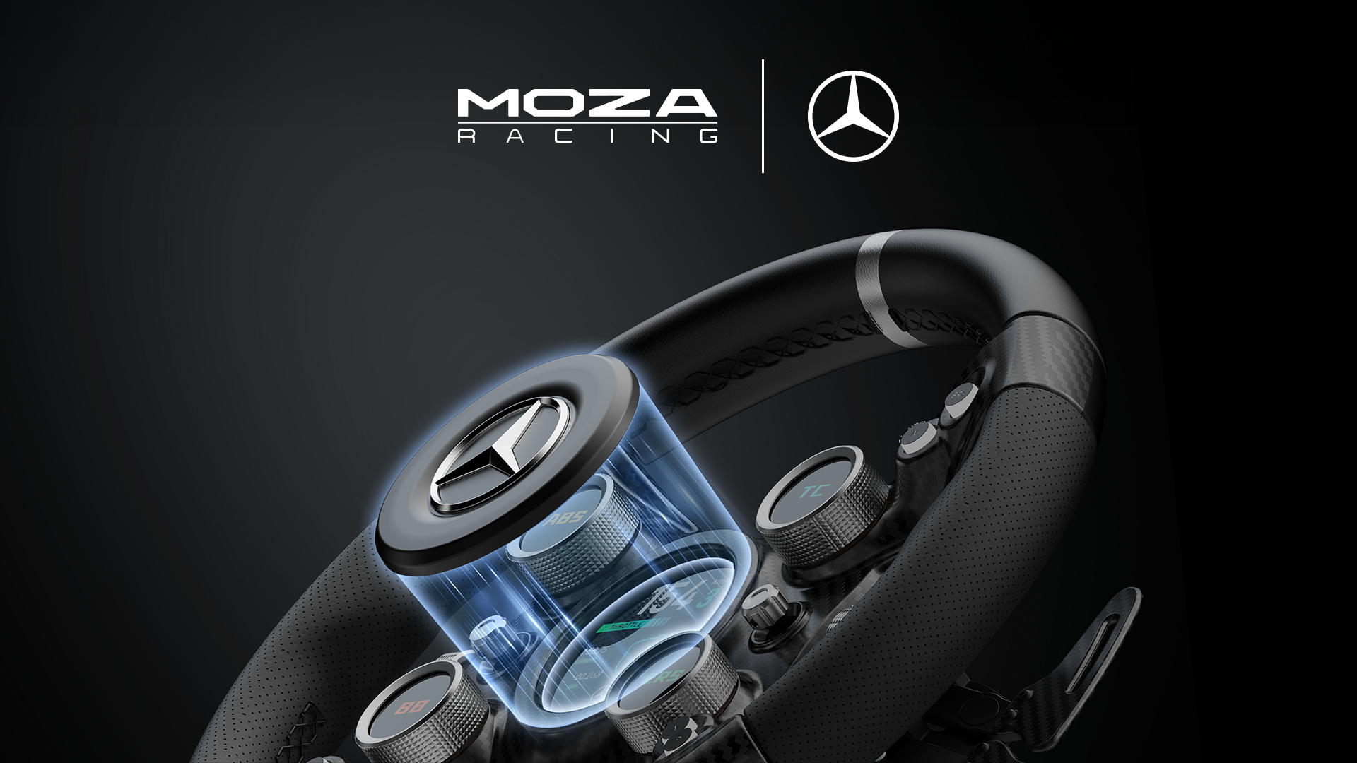 Volante Moza Racing con licencia oficial de Mercedes-Benz y pantalla central integrada.