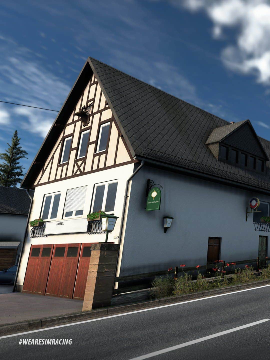 Detalle arquitectónico de un edificio tradicional alemán en el mapa abierto de Assetto Corsa EVO
