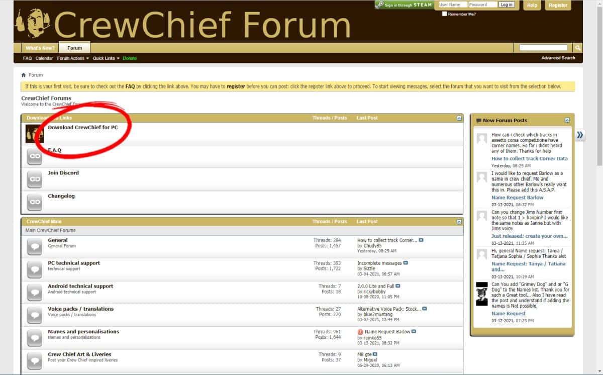 Vista del foro oficial de Crew Chief para descargar el instalador en PC