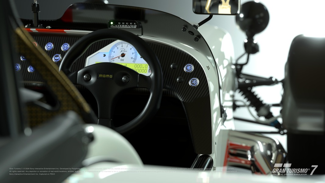 Vista interior del habitáculo del Caterham Seven Superlight R500 '08 en Gran Turismo 7